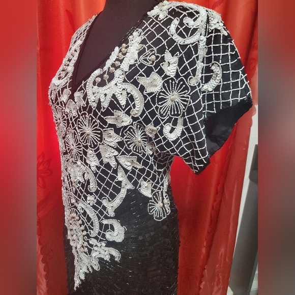 Vintage 80s Black and White beaded sequin dress size M - Picture 3 of 6